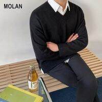 MOLAN เสื้อสเวตเตอร์คอวีของผู้ชายเสื้อสเวตเตอร์แฟชั่นสำหรับผู้ชายเสื้อสเวตเตอร์สไตล์ลำลองสำหรับแขนยาวของผู้ชายสำหรับฤดูใบไม้ร่วงและฤดูหนาวเท่ๆของผู้ชายเสื้อเนื้อแบบรัด