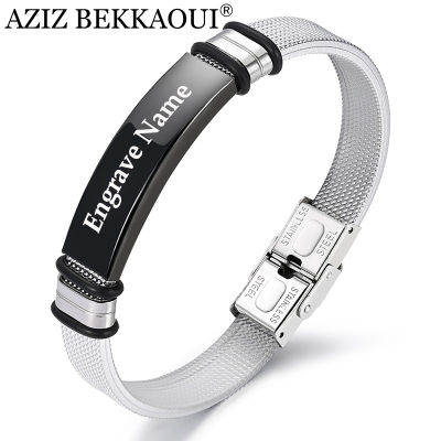 AZIZ BEKKAOUI Black Fashion Engrave Name Bracelet For Men DIY Smooth Leather Bracelet Leather Bracelets Jewelry As Decorations