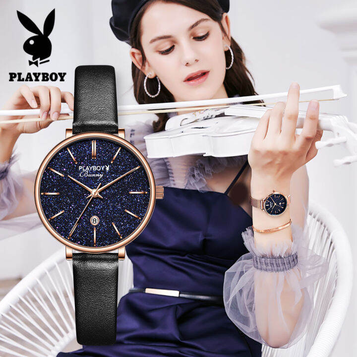 playboy-เซ็ตนาฬิกาสำหรับผู้หญิงซื้อ1แถม2ฟรีสร้อยคอกำไล2023ขายร้อน-classic-star-กันน้ำวันที่แสดง-milanese-สายรัดเหล็ก-หนัง