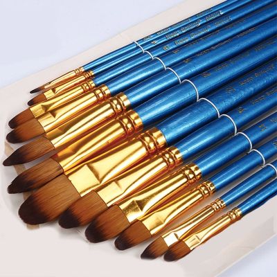 【popular】 DOHA SOUQ 12ชิ้นขนาดผสม Filbert แปรงทาสีสีน้ำปากกา Blue Nylon Brush Set Art Supplies