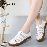 VIWANA Flat Sandals For Women Korean Style Genuine Leather White Shoes 2022 Fashion Croc Outdoor Round Toe Beach Sandals Soft Sole Women Shoes