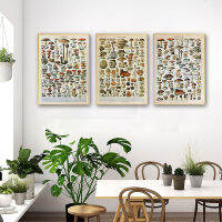 เห็ด Wall Art Vintage ผ้าใบพิมพ์ภาพติดผนัง Modern Family อุปกรณ์ตกแต่งห้องนอนสำหรับ HomeAnimals และพืช Retro โปสเตอร์ภาพประกอบทางชีวภาพการเรียนการสอน Room ห้องนั่งเล่นภาพวาดผ้าใบ