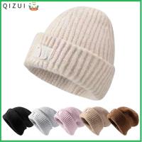 QIZUI สีทึบทึบ หมวกบีนนี่ กันลม ถักนิตติ้ง หมวกอุ่นๆ ฤดูหนาวที่อบอุ่น หมวกฮิปฮอป สำหรับผู้หญิง