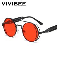 VIVIBEE แว่นตากันแดดแนวสตีมพังค์สำหรับผู้ชายเลนส์สีแดงทรงกลมแนวพังค์แว่นตากันแดดโลหะสีดำสไตล์กอธิค2023สินค้าใหม่เฉดสี UV400สำหรับผู้หญิง