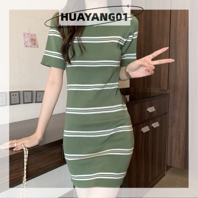 HUAYANG01 [2023 new HOT FASHION] lazlook เดรสสั้นสั้นทรงตรงคอกลมลายทางสำหรับฤดูร้อนลำลอง