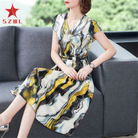 SZWL Women Dress Ice Silk V-neck Slimming Printing High-waist Short-sleeve Dress