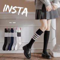 ถุงเท้ายาวผ้าฝ้าย ระบายอากาศ สีพื้น แฟชั่นสำหรับผู้หญิงKnee-high socks solid color striped womens socks JK style cotton socks