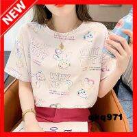 qkq971 Korean Style Top Blended Cotton Short Sleeve T-Shirt Women Loose Front Shoulder