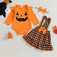 Baby Girls Halloween Clothes Cute Long Sleeves Romper and Plaid Suspender Skirt Headband Fall Outfit Childrens Clothing Set  by Hs2023