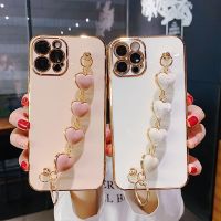 [Fast]สร้อยข้อมือหัวใจรัก[Fast]มือถือชุบโลหะสำหรับ iPhone 11 12 13 14 Pro Max Mini X XR 7 8 Plus SE 3ปกหลัง[Fast]กันกระแทกมือถือนิ่ม