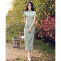 【CW】Summer Chinese Style Green Jacquard Handmade Button Side Slit Short Sleeves Cheongsam Dress Modern. 2022 Party Dress Qipao 2xl