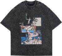 Rapidstreet Mens Washed T-Shirt Harajuku Streetwear Japanese Cartoon Girl Kanji Tee Shirt Graphic