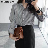 DUOHANZI เสื้อเชิ้ตมีลายสำหรับผู้หญิงใหม่สไตล์เกาหลีหลวมสบายๆแขนยาวเสื้อ