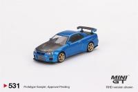 มินิ GT 1:64 Nissan Skyline GT-R (R34) ความลับสุดยอดดาบปลายปืนรถโมเดล Diecast สีน้ำเงิน