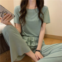 Summer Suit for rench Solid Color Ice Silk Sleepwear Pajamas Two Piece Set Home Wear Nightwear Comfortable Pyjamas