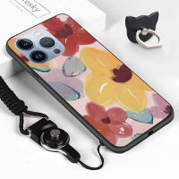 เคส Apple iPhone 15 Pro Max iPhone 15,iPhone 15 Pro (แหวนใส่นิ้ว + สายคล้อง) ลายภาพวาดสีน้ำลายดอกไม้ภูเขาเคสโทรศัพท์ป้องกัน TPU ซิลิโคนนิ่มกันกระแทก