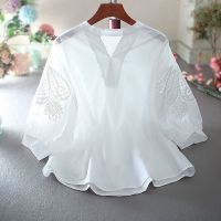 COD DSFERTRETRE Womens Casual Blouse Chiffon Long Sleeve Top V-neck Floral Embroidery High Quality Shirt