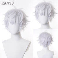 RANYU ผู้ชายสีขาววิกผมสั้นตรงสังเคราะห์อะนิเมะผมเส้นใยอุณหภูมิสูงสำหรับพรรคคอสเพลย์ ~