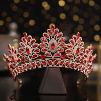 Bridal crown grand crown wedding handmade hair ornament golden Rhinestone female red crystal gem headdress bridal headdress