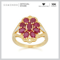 Gemondo แหวนเงินแท้ 925 ชุบทอง 18K ประดับทับทิม (Ruby) และเพชร (Diamond) ดีไซน์ทรงช่อดอกไม้