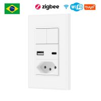 Tuya Wifi Zigbee Smart Plug Brazilian Wall Socket 2 Gang Light Switch With USB Type C Port Outlets Control By Alexa Google Home