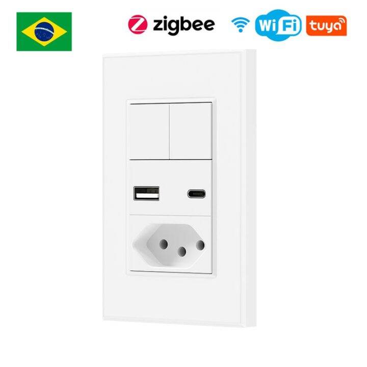 Tuya Wifi Zigbee Smart Plug Brazilian Wall Socket 2 Gang Light Switch
