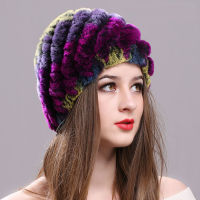 Real Rex Rabbit Fur Hat Elastic Knitted Cap with Stripe Design Winter Hat for Women Ladies Autumn Headgear Fashion Girls Bonnets