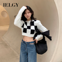 IELGY สเวตเตอร์ลายสก๊อตสีดำและสีขาวของผู้หญิง,เสื้อถักสั้นแขนยาวสวมใส่ด้านนอกทรงหลวม