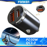 FONKEN USB PD30W C ที่ชาร์จแบตในรถอะแดปเตอร์ที่ชาร์จสำหรับ Samsung เร็วสุด Xiaomi PD ชาร์จเร็ว3.0พอร์ตคู่ที่ชาร์จแบตในรถมินิ