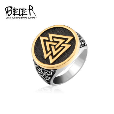Beier Viking ไททาเนียมแหวนเหล็กทรงสามเหลี่ยมผู้ชายวินเทจเครื่องประดับแฟชั่นแหวนเหล็กสแตนเลส