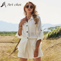 Summer Beach Leisure Button White Womens Suit Cotton Linen Two-piece Long Sleeve Shirt Shorts Outfits