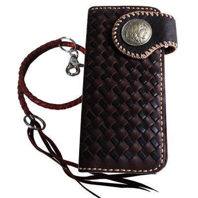 You Link       หนังวัวแท้  ลายสาน  ดูเป็นของย้อนยุค สวยมาก เทห์มาก Beautiful vintage long Bifold wallet Celtic in Brown and Black   สีน้ำตาลดำ