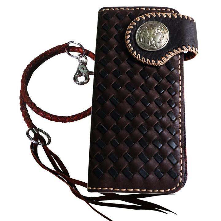 you-link-หนังวัวแท้-ลายสาน-ดูเป็นของย้อนยุค-สวยมาก-เทห์มาก-beautiful-vintage-long-bifold-wallet-celtic-in-brown-and-black-สีน้ำตาลดำ