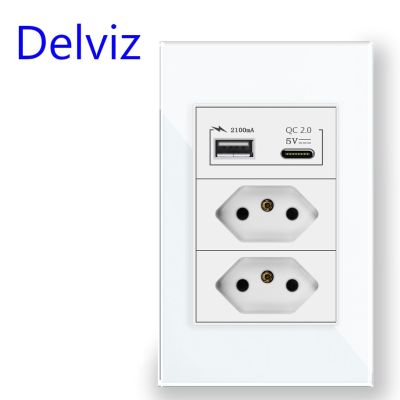 Delviz Type C เบ้าติดผนัง USB,กับเต้ารับสำหรับชาร์จพอร์ต USB,แผงกระจกนิรภัย120Mm * 72Mm,เต้าเสียบสายไฟมาตรฐานบราซิล10A