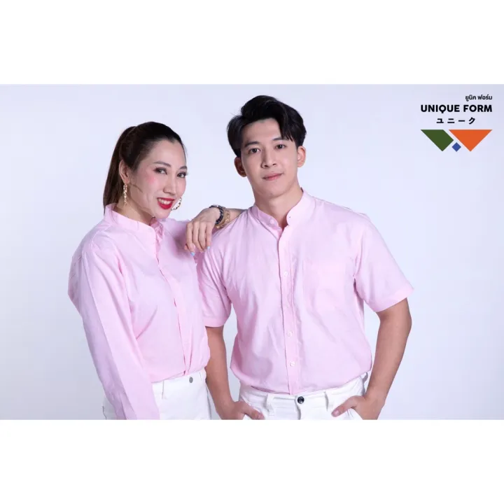 uniqueform-เสื้อเชิ้ต-แขนสั้น-คอจีน-คอปก-สีชมพู-candy-pink-shirt-ผ้าอ้อกฟอร์ด-pure-oxford-shirt