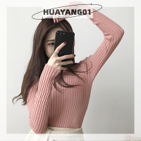 HUAYANG01สเวตเตอร์ตาข่ายยืดหยุ่นผู้หญิง,สเวตเตอร์คอกลมแขนยาวยืดทรงหลวมสีพื้น2023ชิ้น