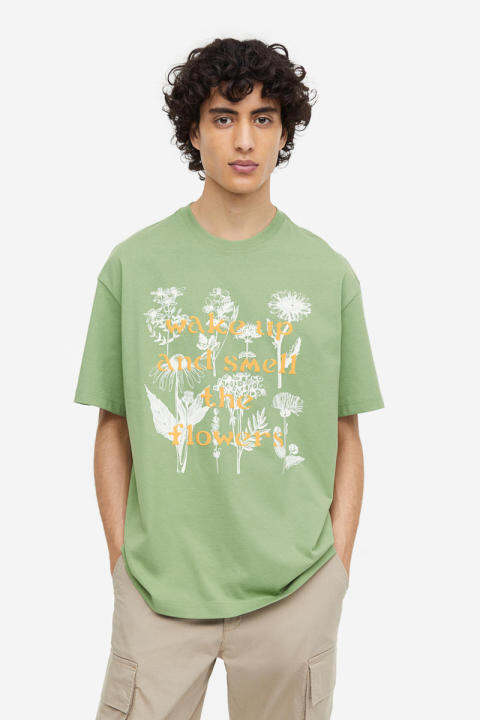 H&M - Relaxed Fit Printed T-shirt - Green Medium Dusty | Lazada PH