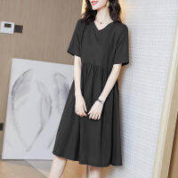 2022 Summer Women Dress V-neck Mid-length Dresses Solid Color Long Knee-length Skirt