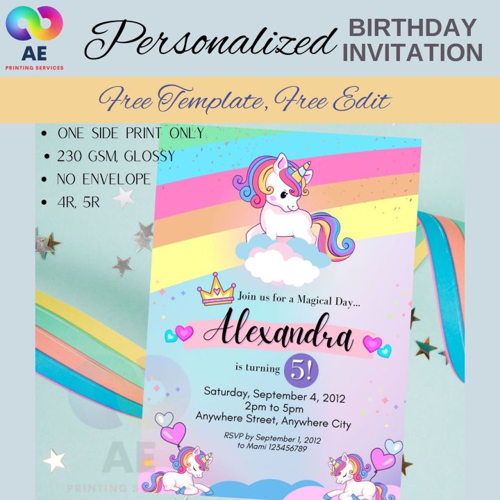 Pink Purple Unicorn Themed Children's Birthday Party Invitation Card ...