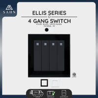 Switch Push 4 Gang 1 Way + Glass Frame [SAHN] สวิทช์ไฟแบบกดกระเด้ง 4 ช่อง ทางเดียว รุ่น Ellis Series (E041P+G) พร้อมกรอบกระจก