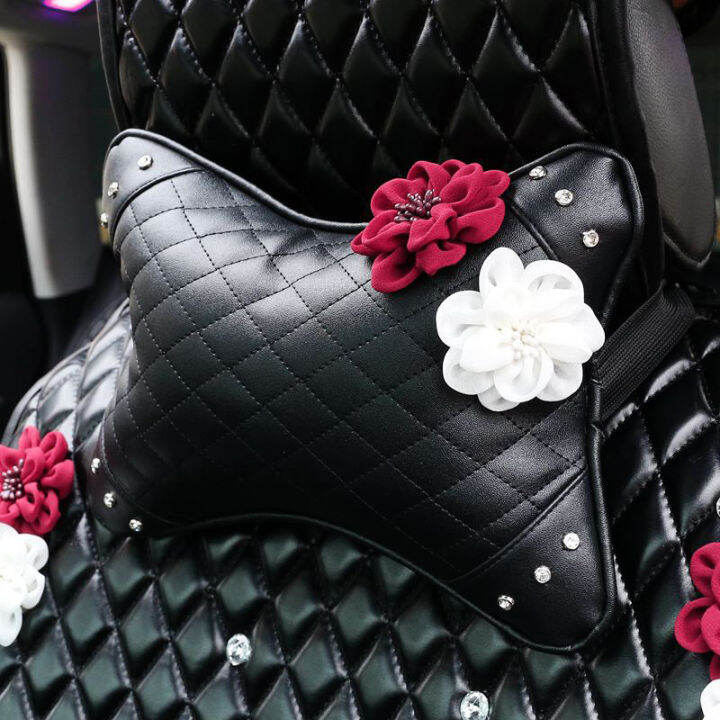 styling-rose-flower-crystal-car-interior-accessories-neck-cushion-leather-steering-wheel-covers-handbrake-gear-seat-belt-covers