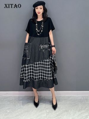 XITAO Dress Fashion Women Casual Plaid Print T-shirt Dress