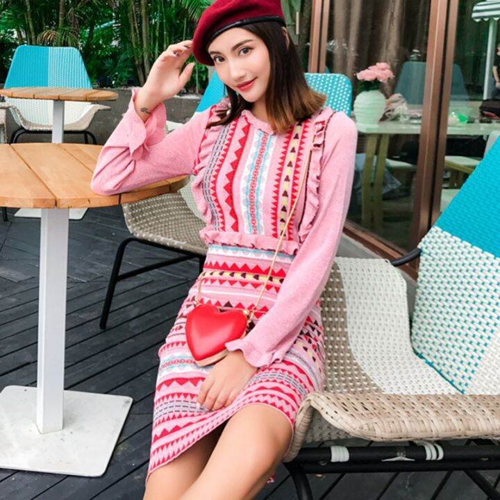 autumn-new-fashion-stylish-runway-dress-women-striped-knitting-flare-sleeve-rainbow-stripe-sweater-dress-high-quality