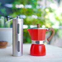 (สีแดง) ชุดหม้อต้มกาแฟสด มอคค่าพอท moka pot 3cup+ เครื่องบดเมล็ดกาแฟ มือหมุน