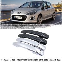 มือจับรถสีดำคาร์บอนไฟเบอร์หรือฝาครอบลูกบิดประตูโครเมี่ยม ABS สำหรับ Peugeot 308 T7 308SW ไฟตัดหมอก LED RCZ 2008 ~ 2013ฝาอุปกรณ์เสริมรถยนต์