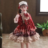 Winter Lolita Dress for Kids Girls Printed Floral Dress Velvet Warm Flower Vestido Lolita Princess Dress for Christmas