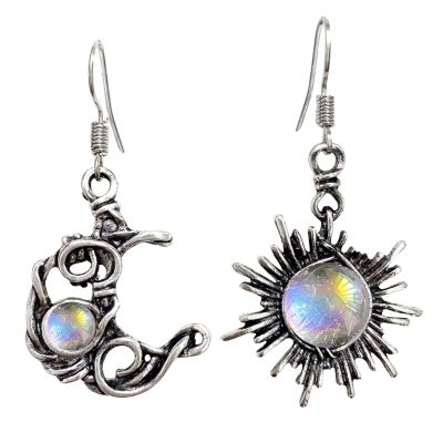 สำหรับ Sun และ Moon Dangle ต่างหูสำหรับผู้หญิง Boho Opal Drop Dangle ต่างหู Asymmetrical Antiqued เครื่องประดับของขวัญ
