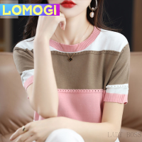 LOMOGI เสื้อยืดผู้หญิงแขนแขนสั้นคอกลมถัก MODE Korea ใหม่