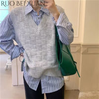 Ruo Bei Xuan เสื้อสเวตเตอร์เปิดไหล่สำหรับผู้หญิง,เสื้อกั๊กผู้หญิงเสื้อสเวตเตอร์คอวีเสื้อสวมหัวสีทึบลายตารางเสื้อแขนกุดผ้าถัก