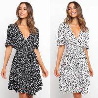 【CW】♙☢❅  Dresses V Neck Beach Sundress Botton Wrap Bodycon Female